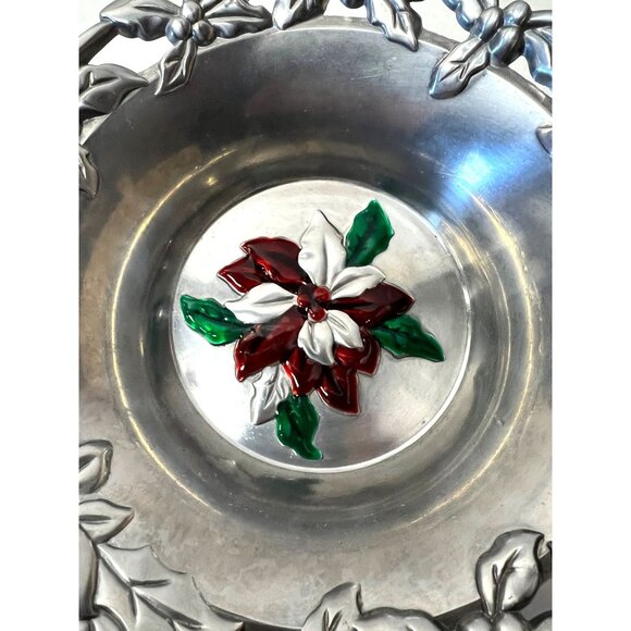 Vintage Pewter Bowl With Enamel Poinsettia Design & Leaf Motif - Picture 2 of 5